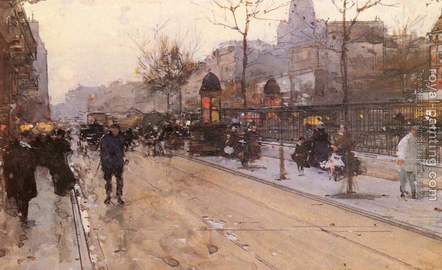 Luigi Loir : A Parisian Street Scene with Sacre Coeur in the distance
